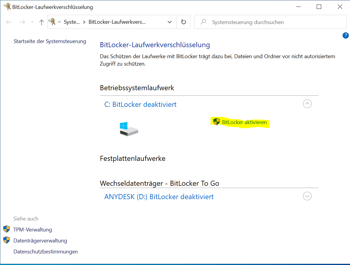 BitLocker ohne TPM nutzen oder booten mit PIN/Password